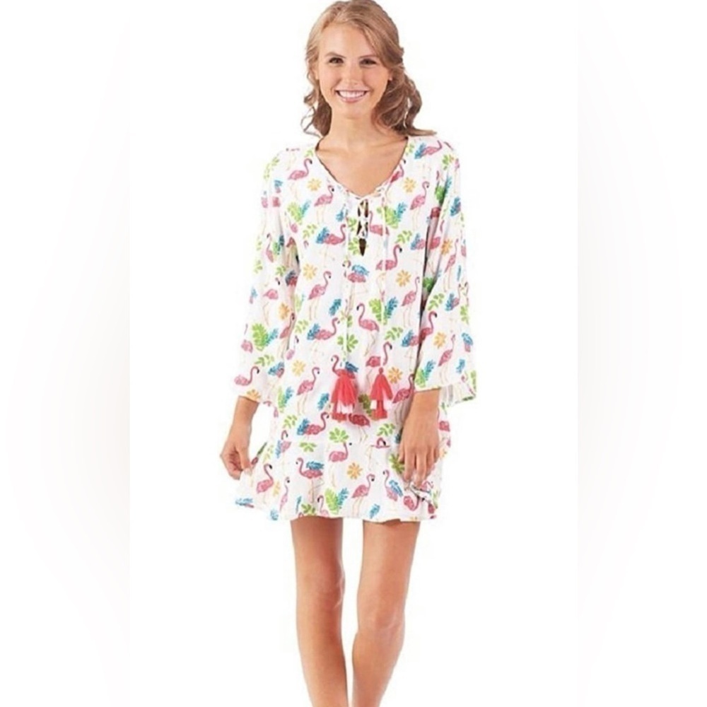 Mudpie Flamingo Oversized Blouse, Mini Dress or Swim Cover Size M NWT